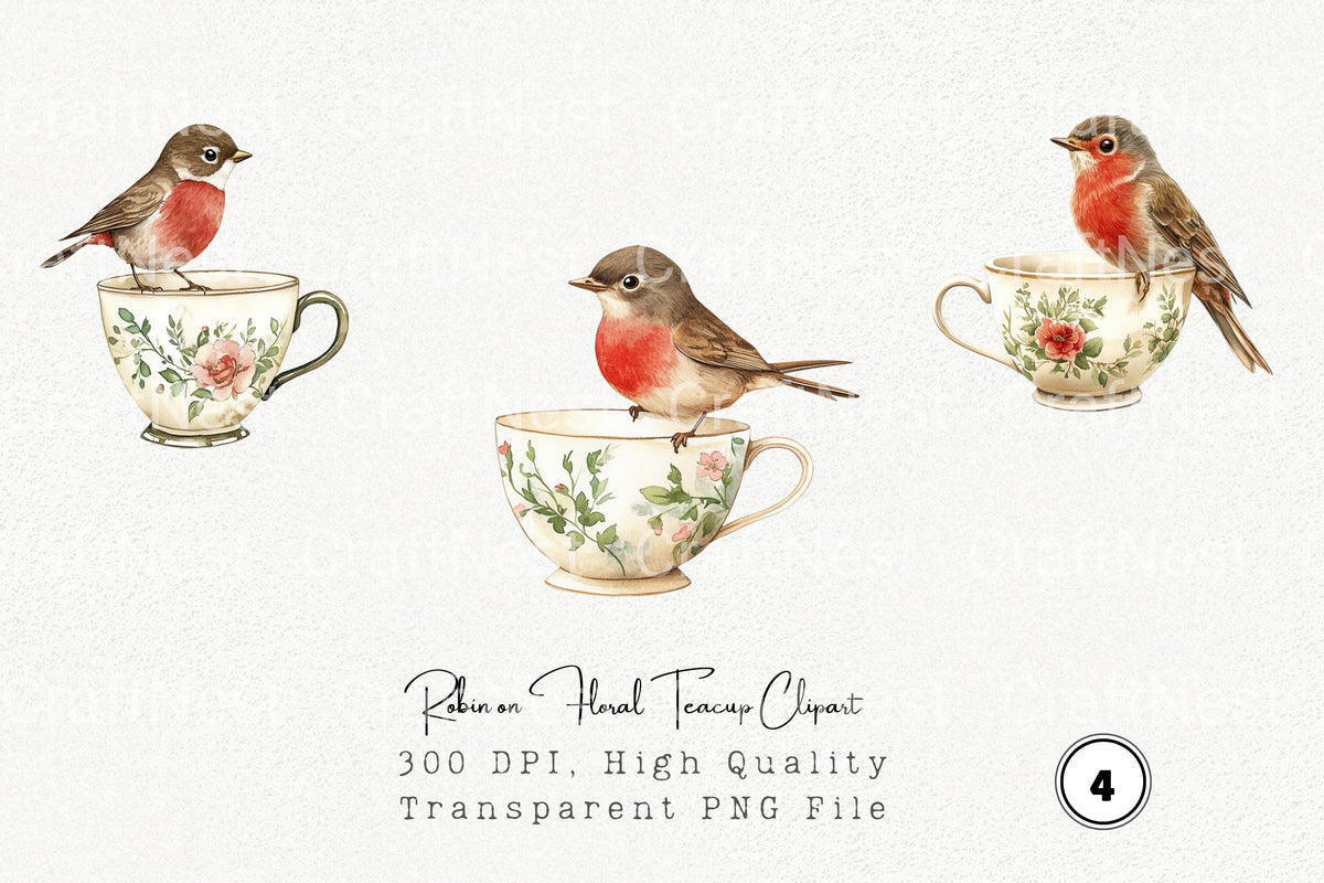 Robin On Floral Teacup Clipart Bundle