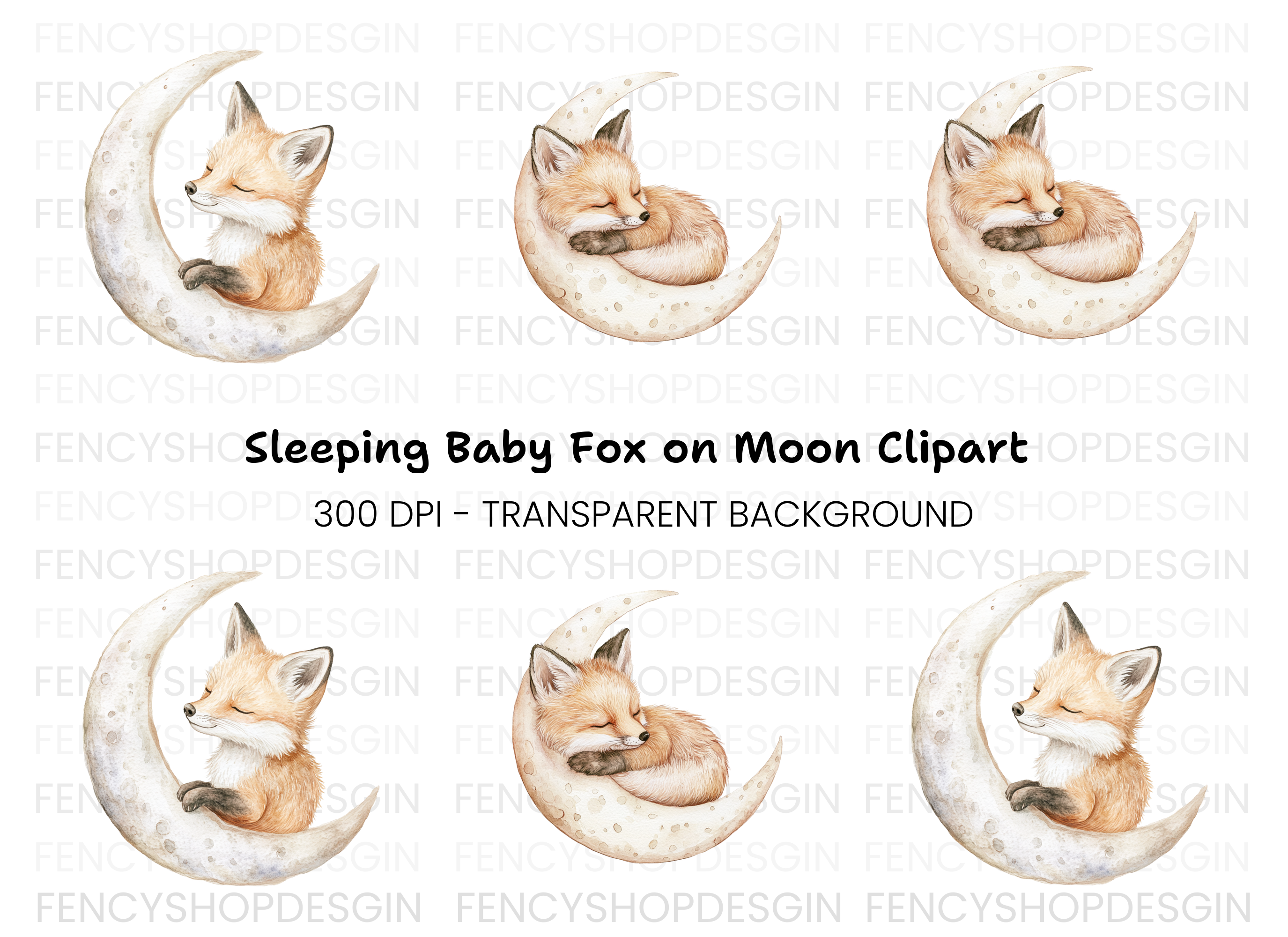 Cute Sleeping Fox on Moon Clipart Bundle