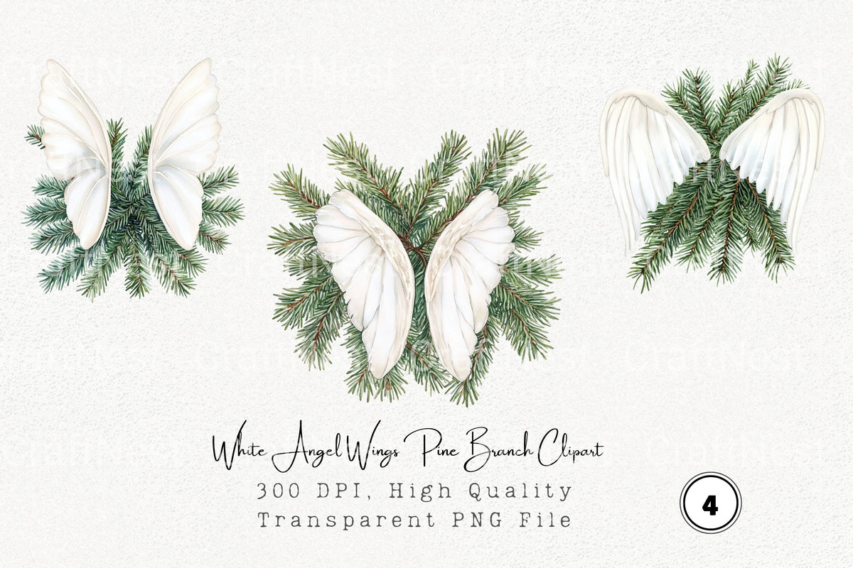 White Angel Wings Pine Branch Clipart Bundle