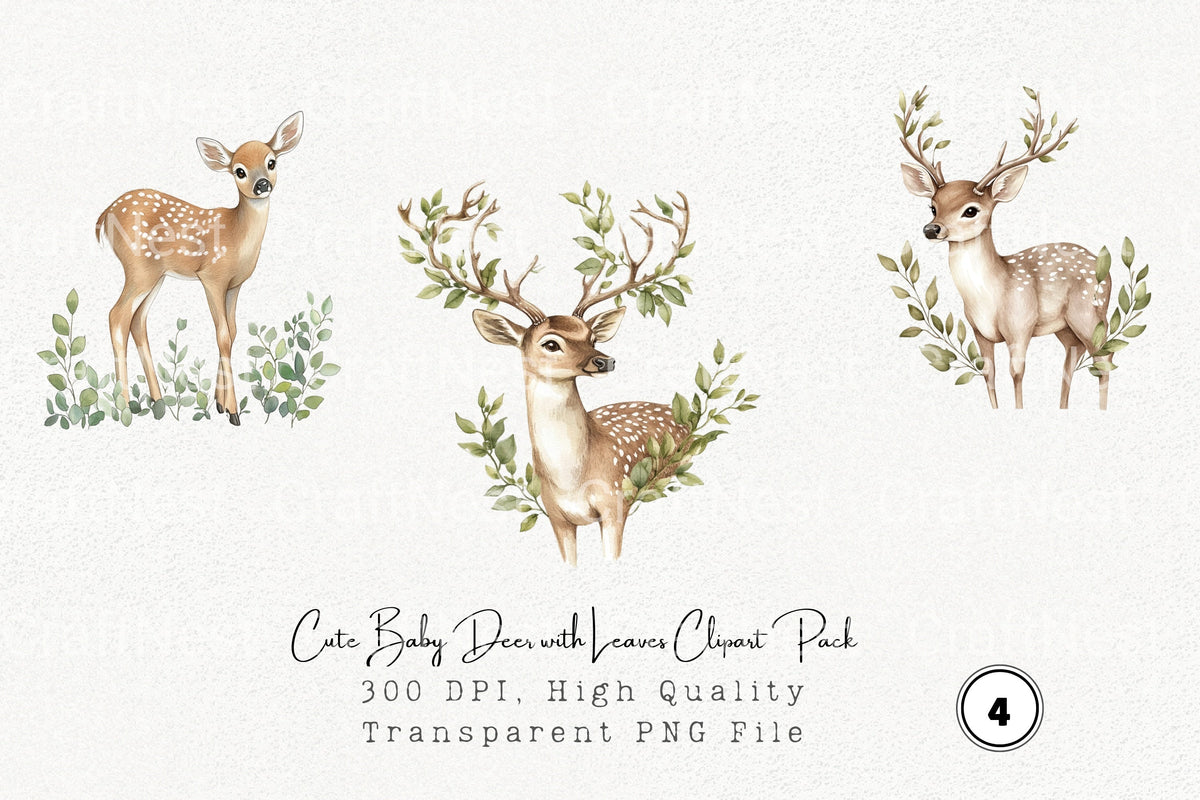 Cute Baby Deer With Leaves Clipart Bundle