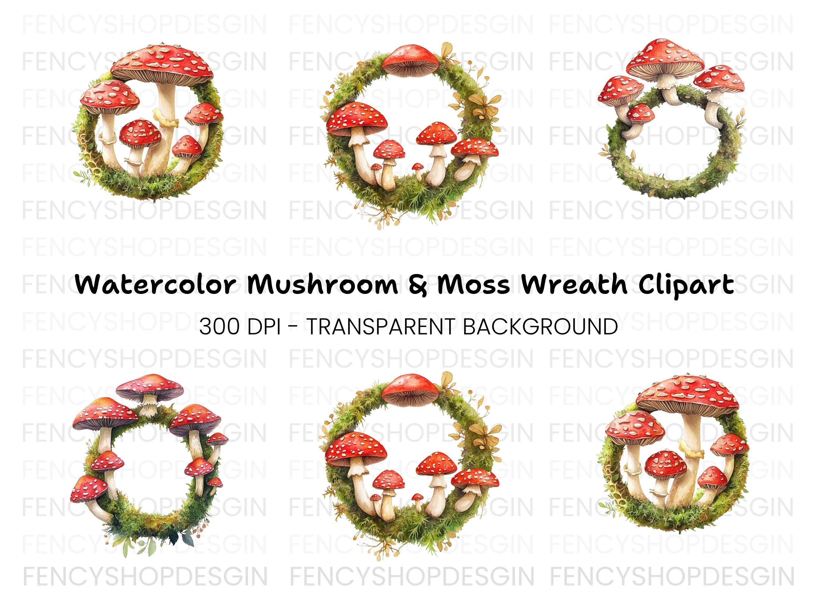 Amanita Mushroom Mossy Wreath Clipart Bundle