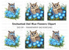 Enchanted Owl with Glowing Blue Flowers Clipart Bundle