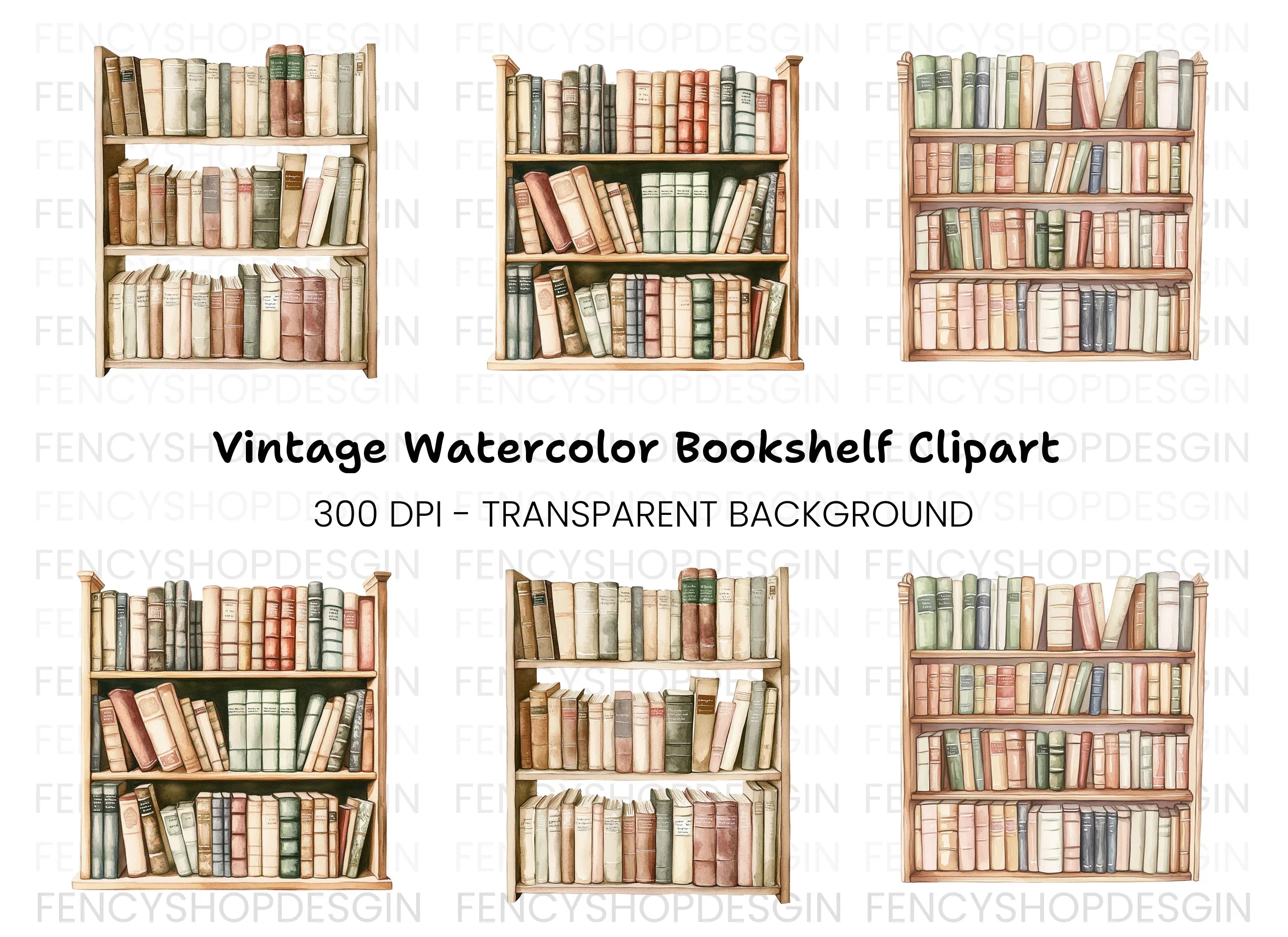 Vintage Bookshelf Clipart Bundle