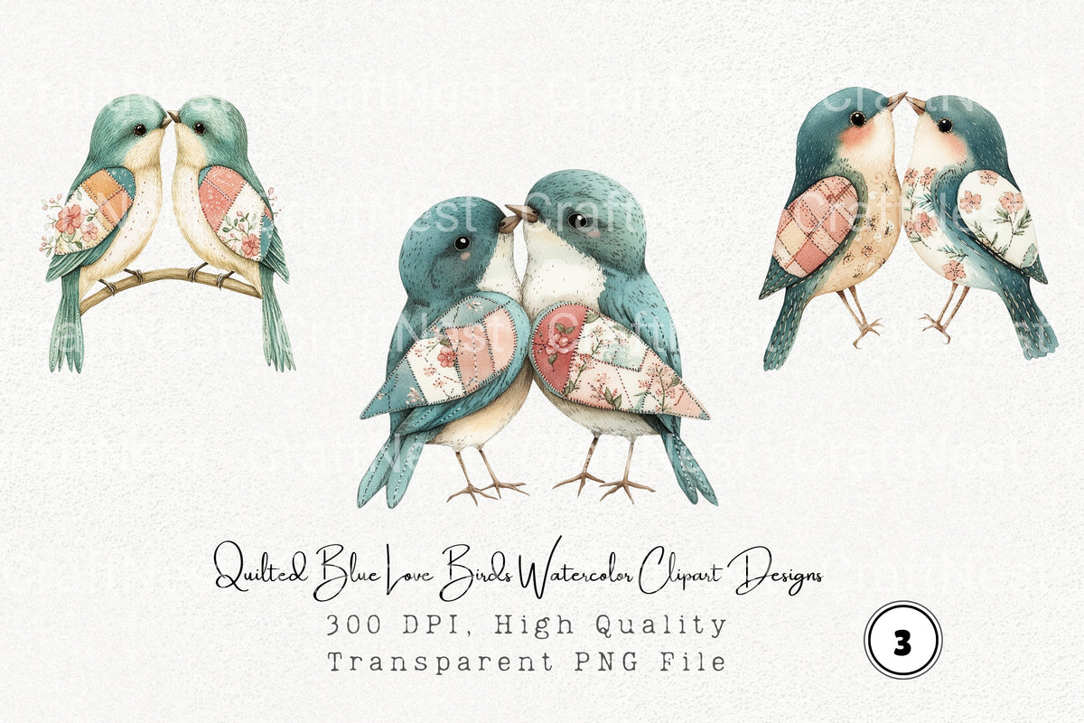 Quilted Blue Love Birds Designs Clipart Bundle