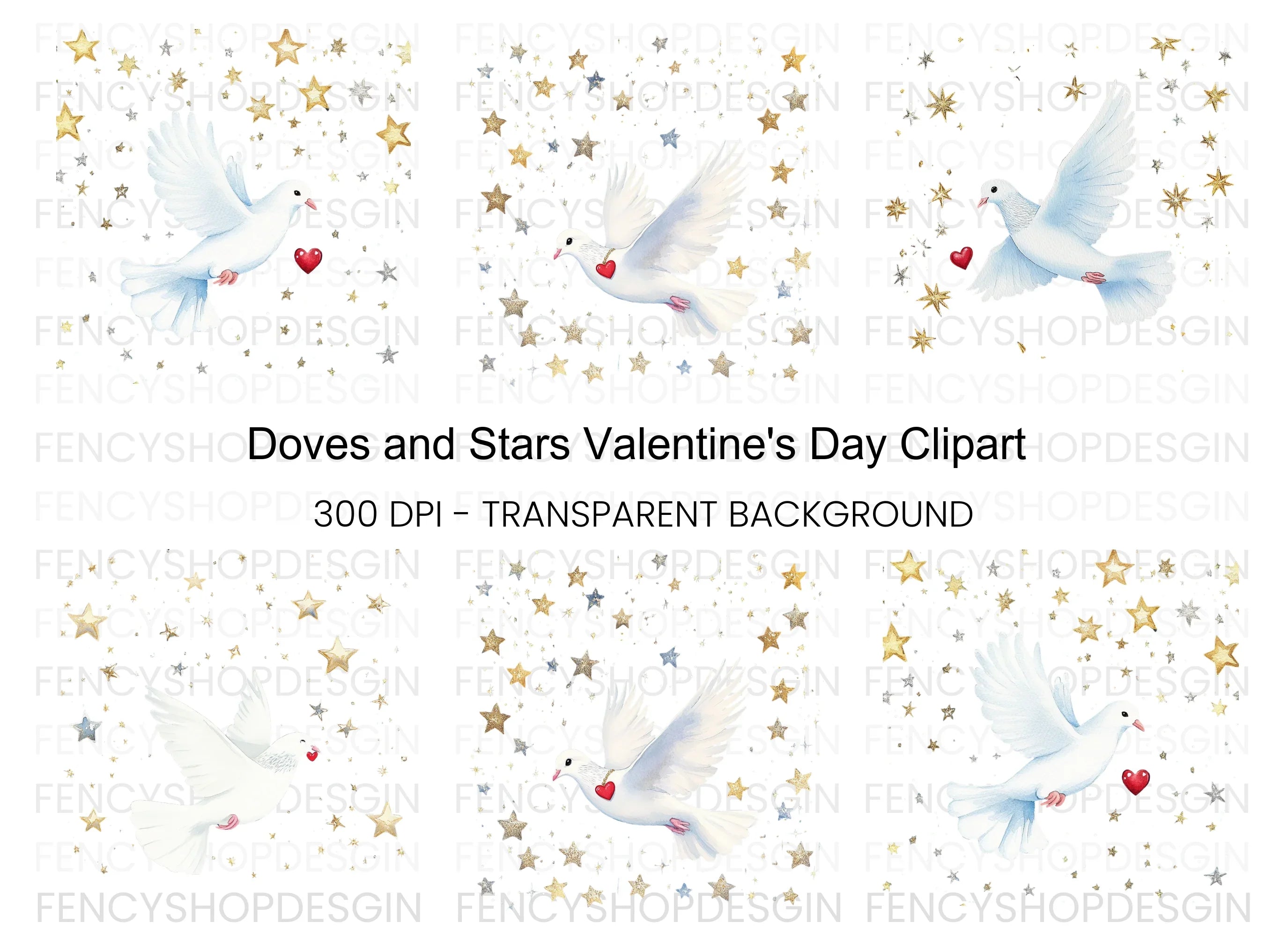 Doves with Hearts and Golden Stars Clipart Bundle