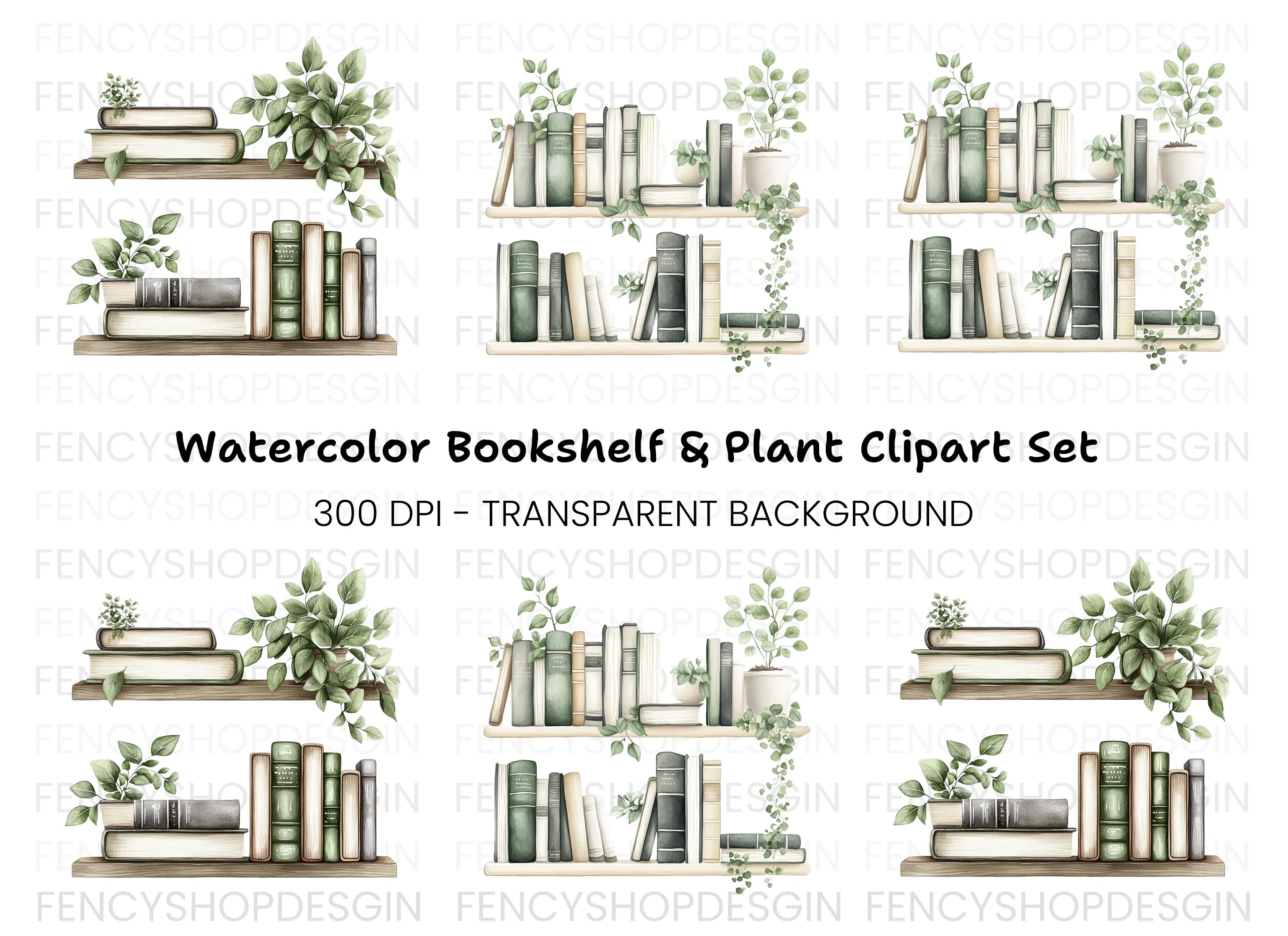 Aesthetic Bookshelf and Plant Clipart Bundle