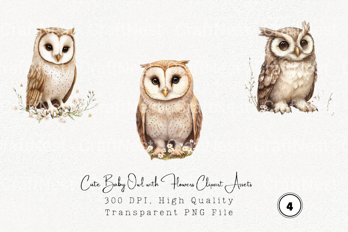 Cute Baby Owl With Flowers Clipart Bundle