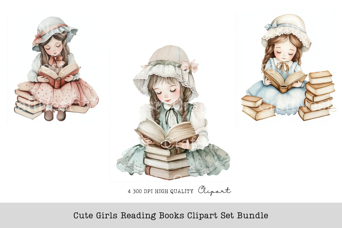 Cute Girls Reading Books Clipart Planner