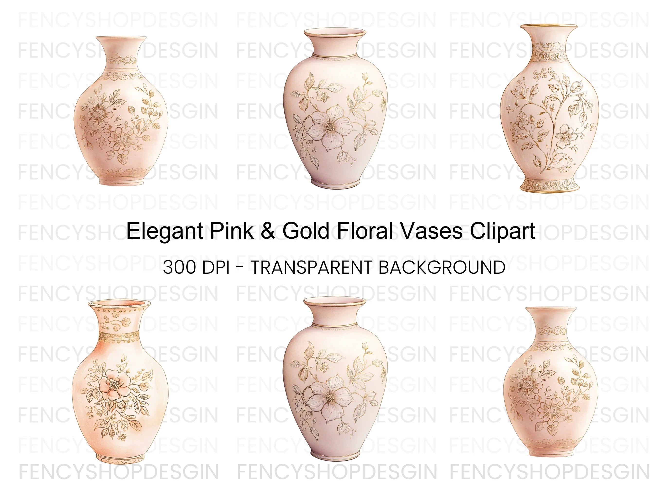 Elegant Pink Vases with Gold Floral Clipart Bundle