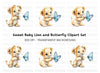 Cute Lion Cubs with Blue Butterflies Clipart Bundle