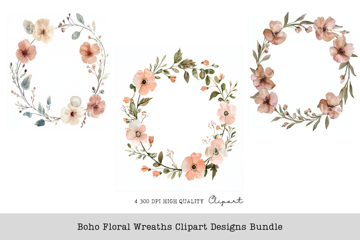Boho Floral Wreaths Designs Clipart Bundle