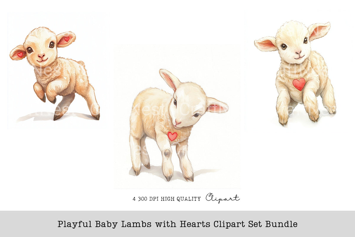 Playful Baby Lambs With Hearts Clipart Bundle
