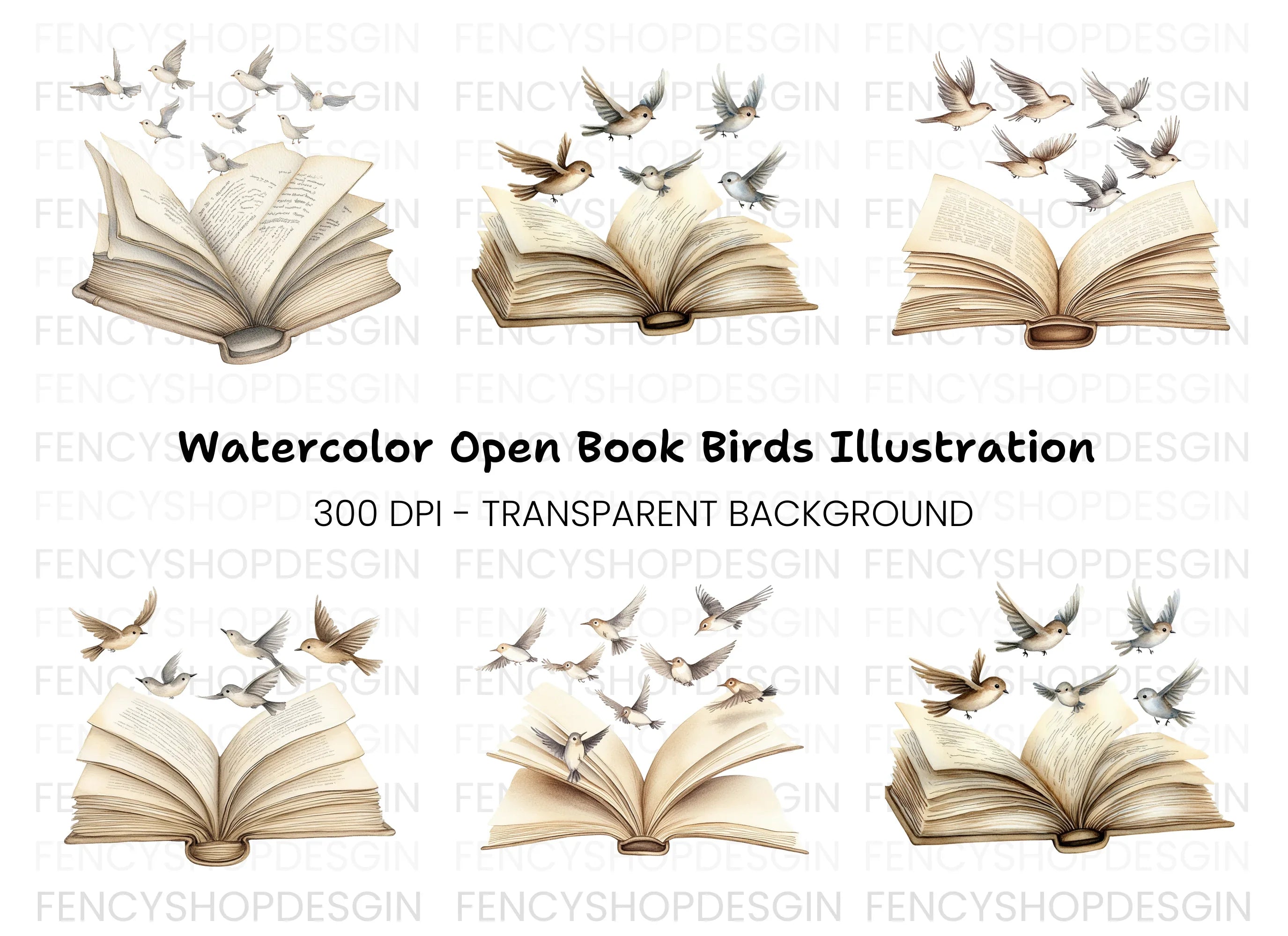 Open Books with Birds Clipart Bundle