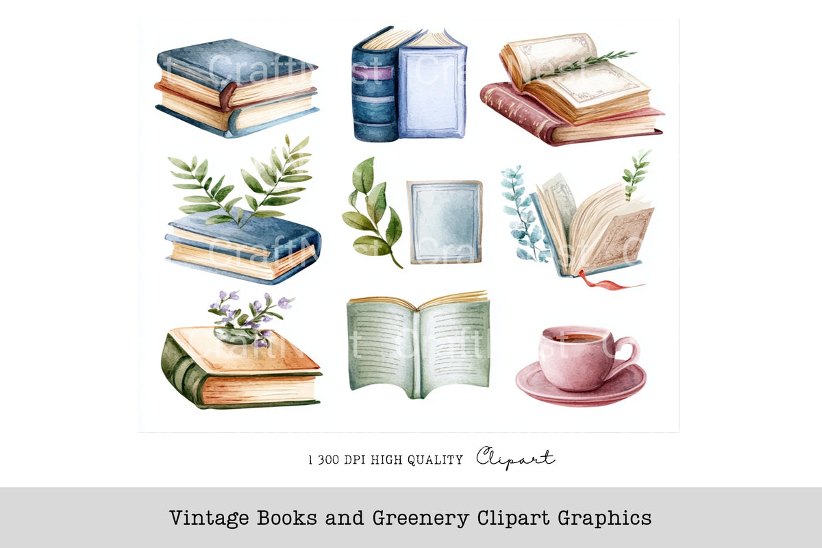 Vintage Books And Greenery Clipart Graphics Planner