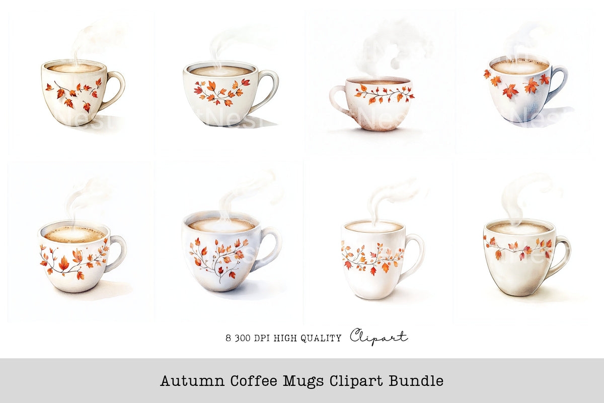 Autumn Coffee Mugs Clipart Bundle