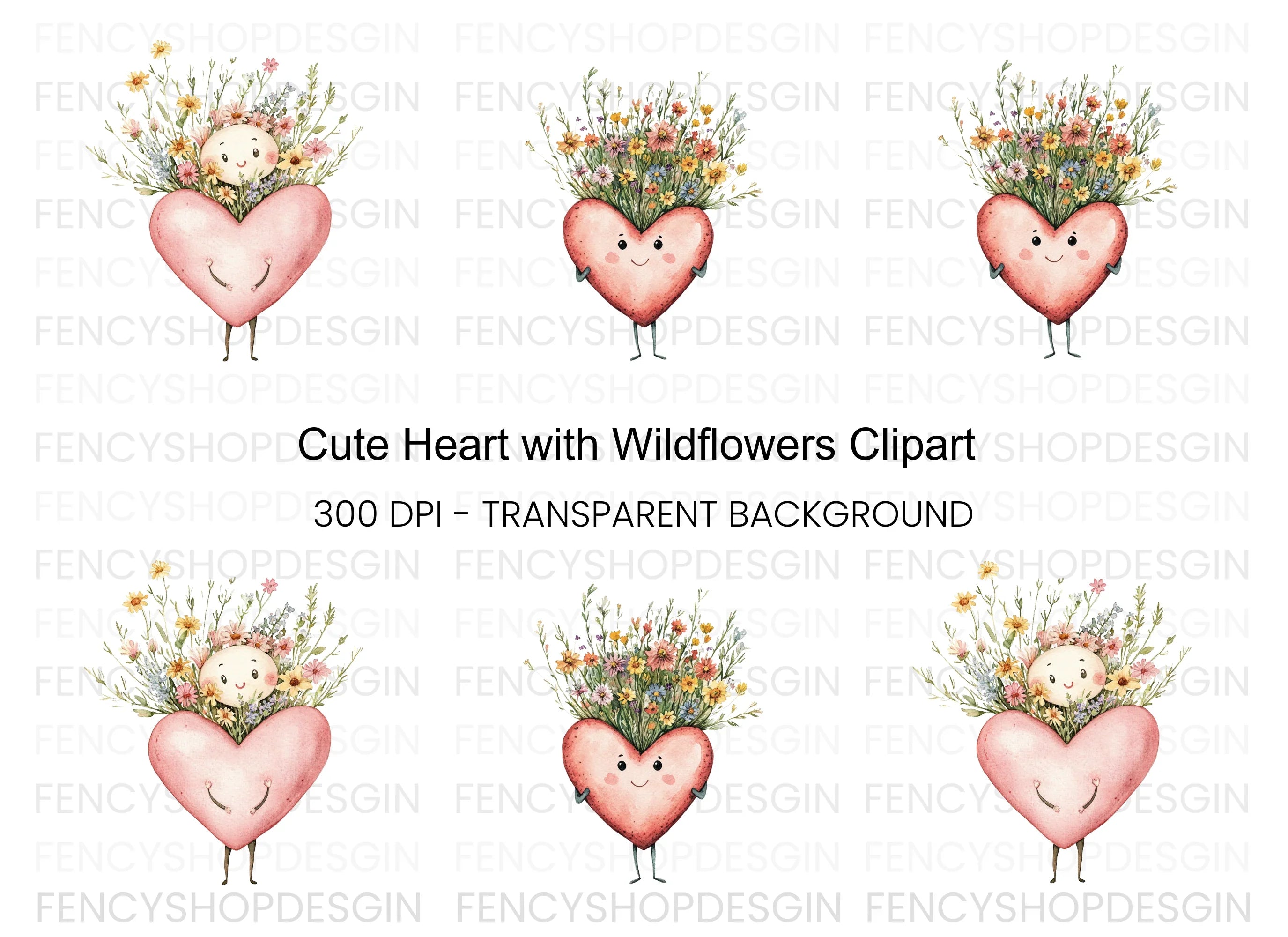 Cute Heart Flower Bouquet Clipart Bundle