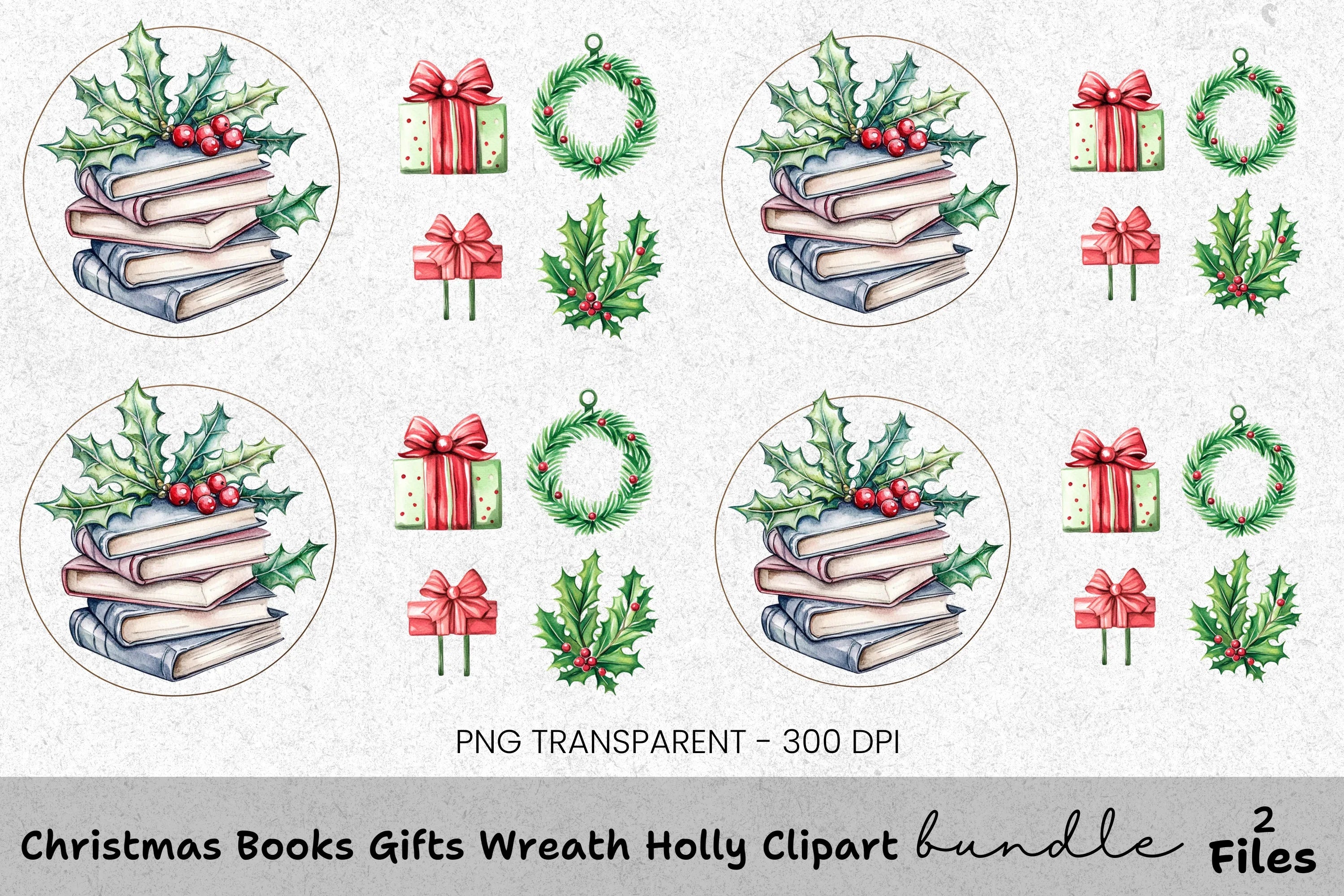 Christmas Holly Books and Gifts Clipart Bundle