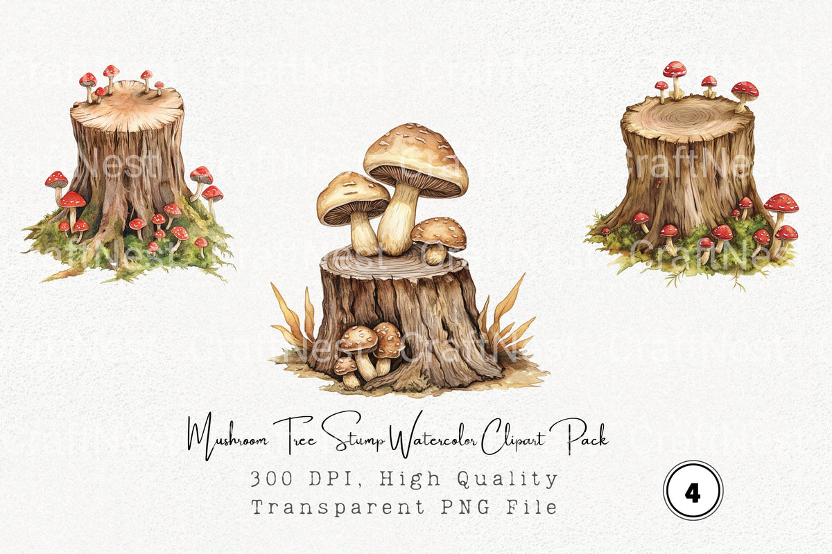 Mushroom Tree Stump Clipart Bundle
