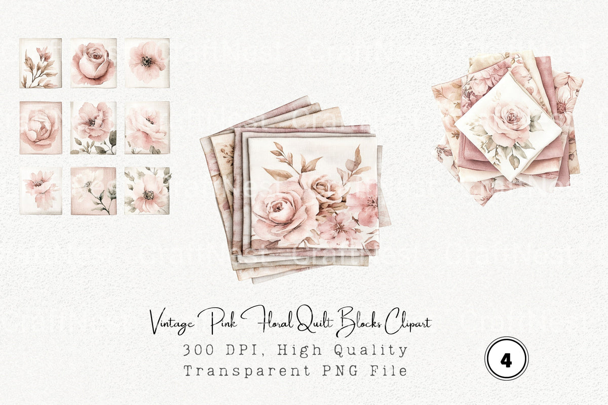 Vintage Pink Floral Quilt Blocks Clipart Bundle