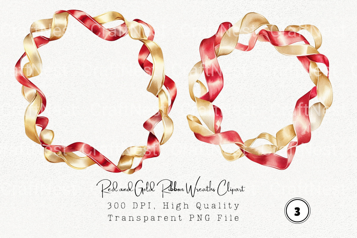Red And Gold Ribbon Wreaths Clipart Bundle