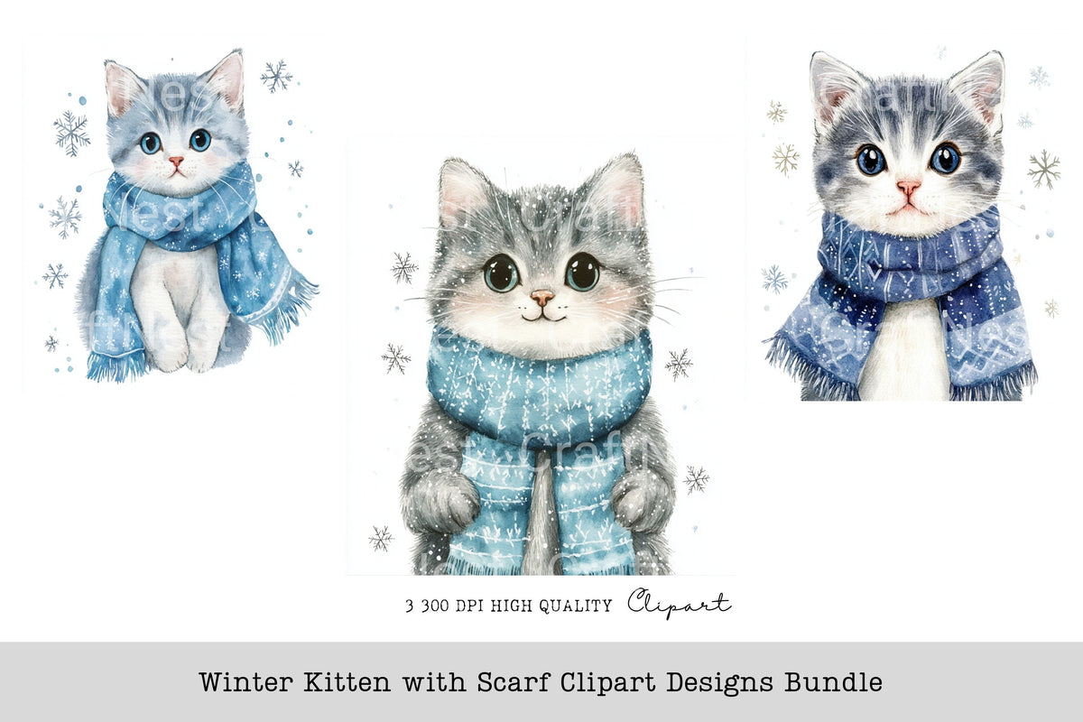 Winter Kitten With Scarf Designs Clipart Bundle