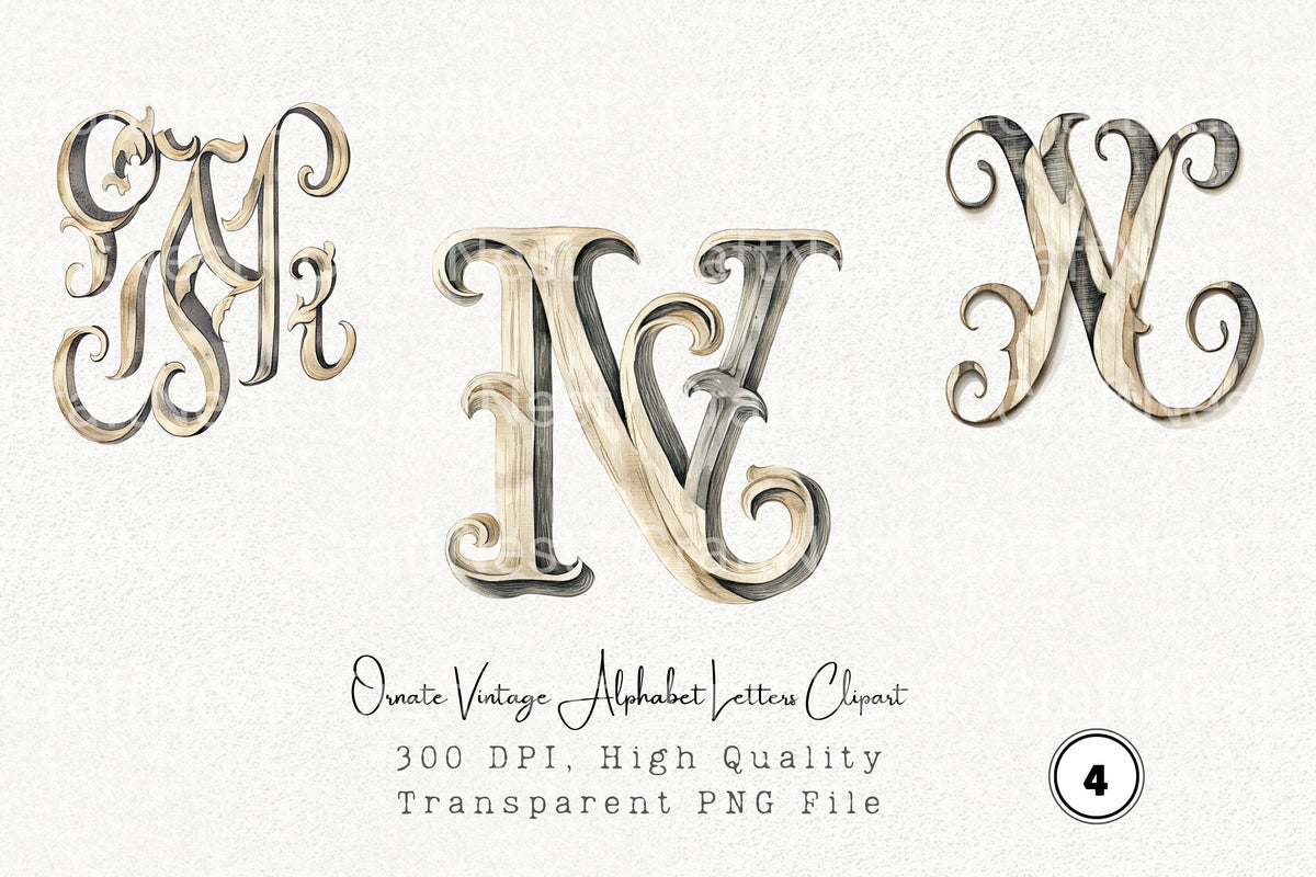 Ornate Vintage Alphabet Letters Clipart Bundle