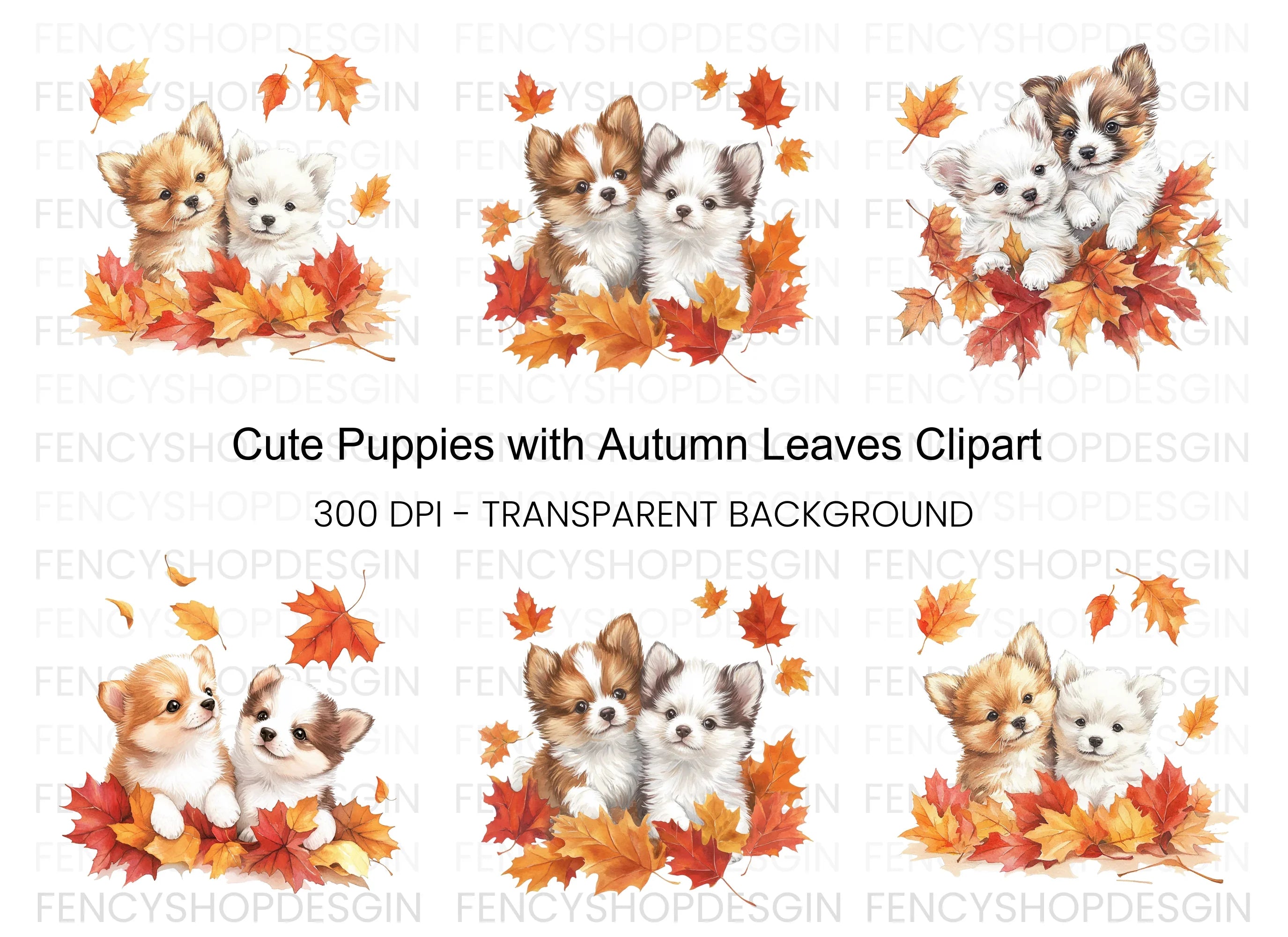 Autumn Puppies with Fall Leaves Clipart Bundle