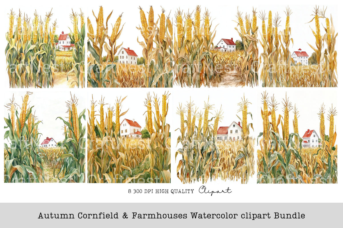 Autumn Cornfield Farmhouses Clipart Bundle