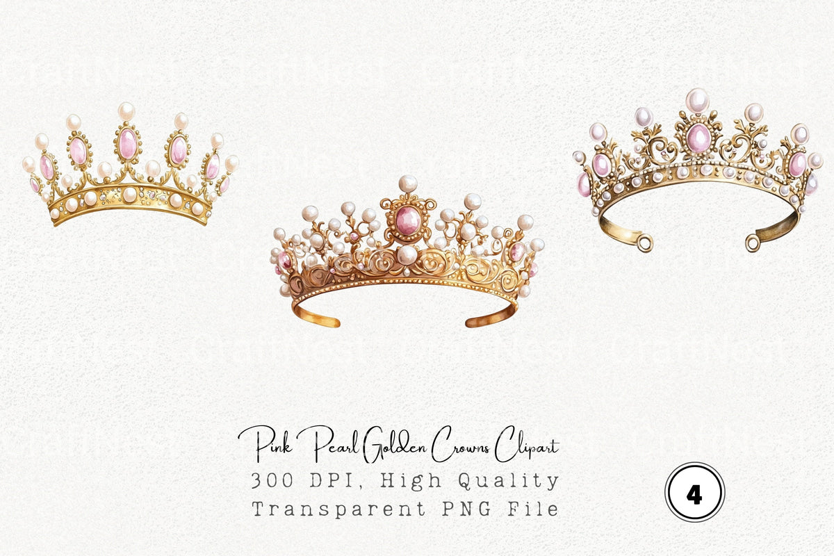 Pink Pearl Golden Crowns Clipart Bundle