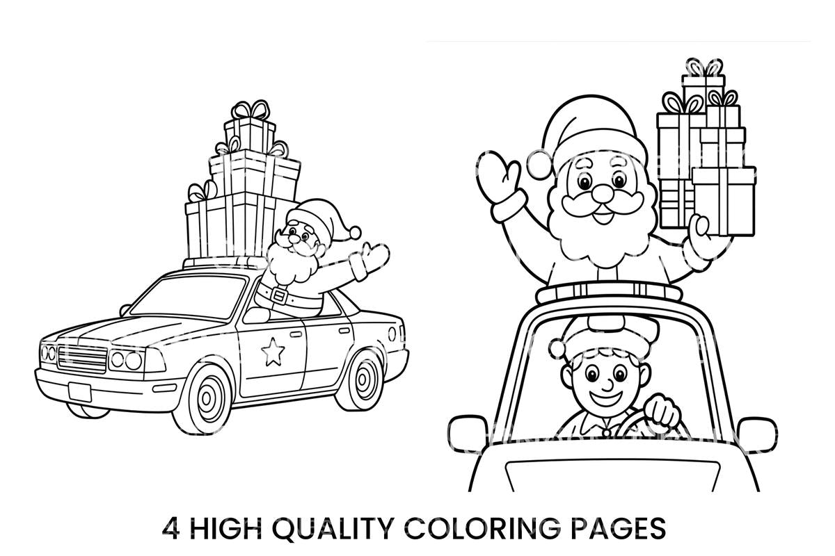 Santa and Elf Delivering Gifts by Car Coloring Books