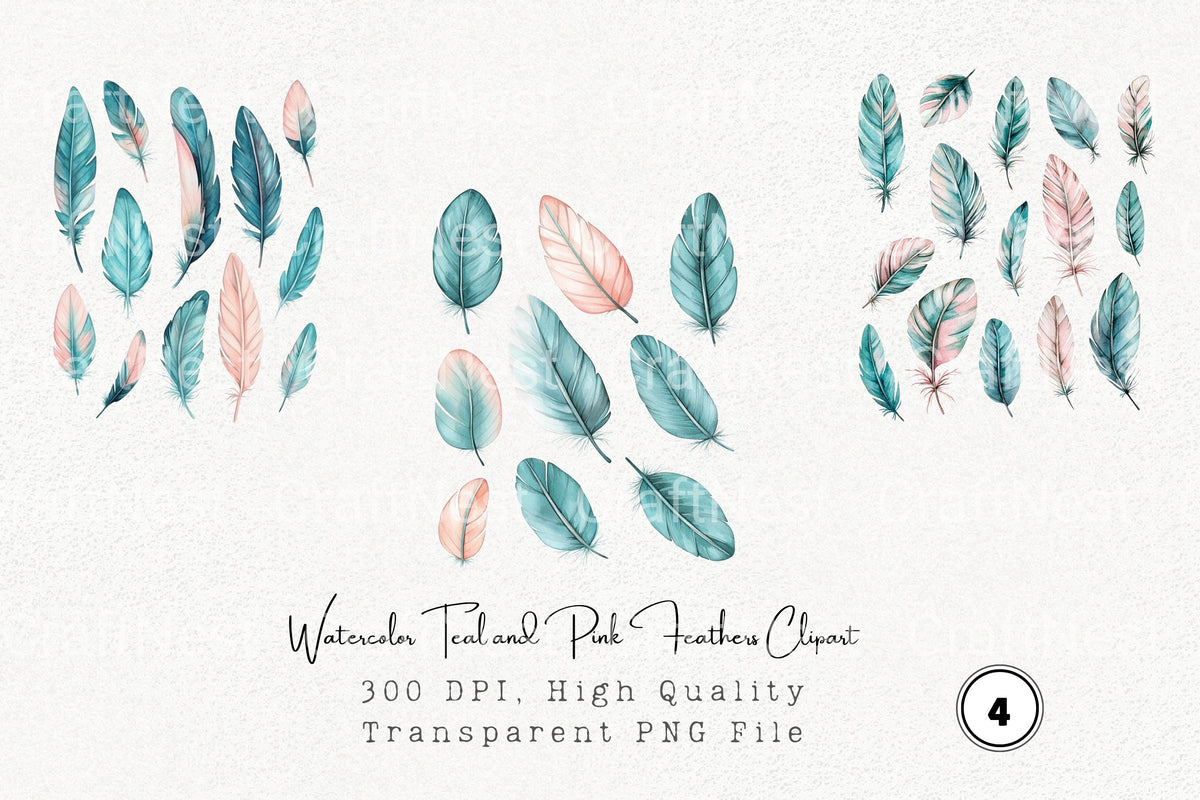 Teal And Pink Feathers Clipart Bundle