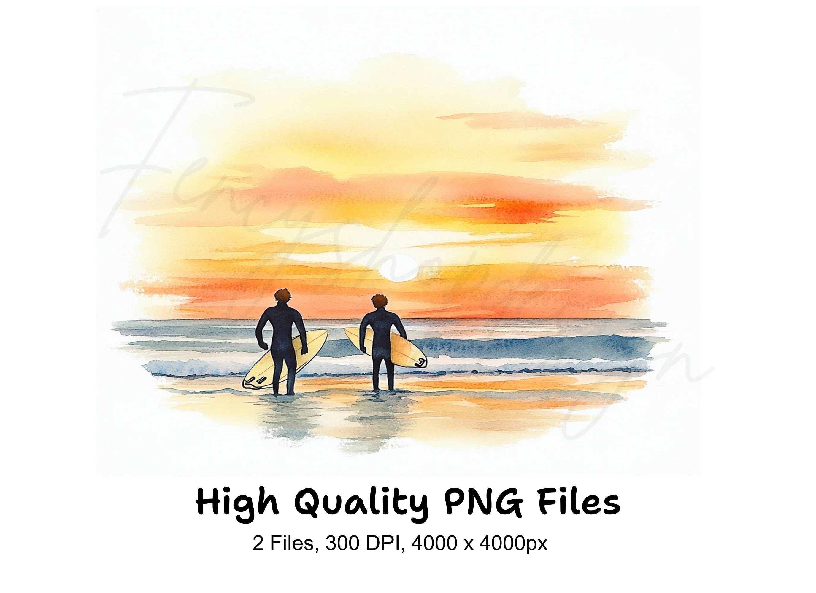 Couple Surfers Sunset Beach Clipart Bundle