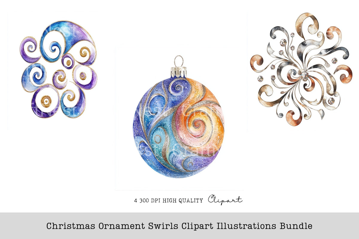Christmas Ornament Swirls Illustrations Clipart Bundle