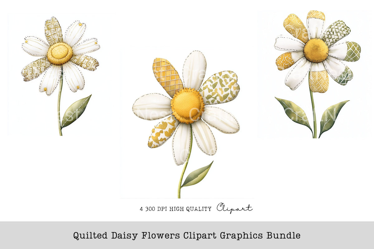 Quilted Daisy Flowers Graphics Clipart Bundle