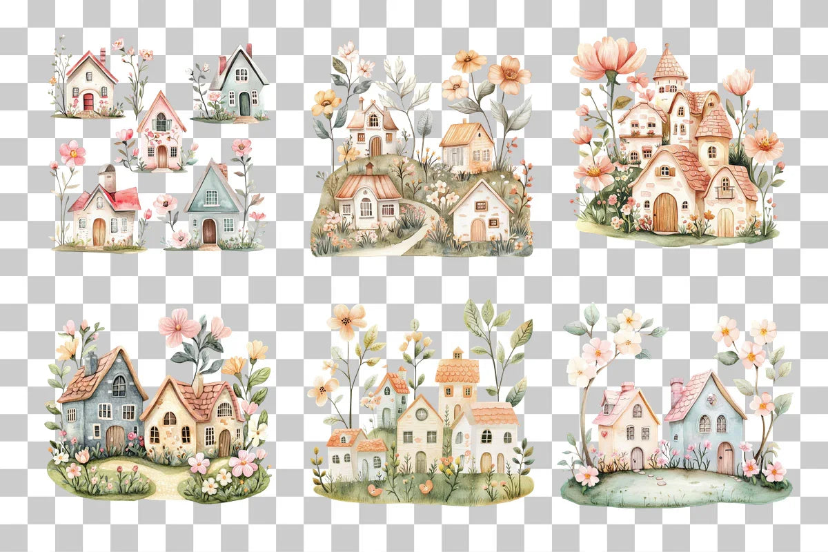 Floral Whimsical Village Cottages Clipart Bundle - CraftNest - Digital Crafting and Art