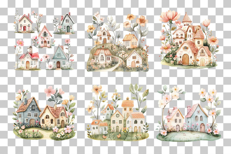 Floral Whimsical Village Cottages Clipart Bundle - CraftNest - Digital Crafting and Art