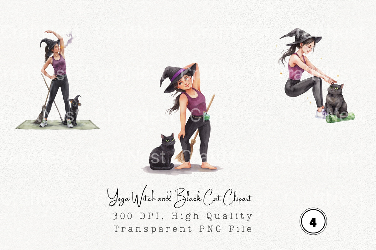 Yoga Witch And Black Cat Clipart Bundle