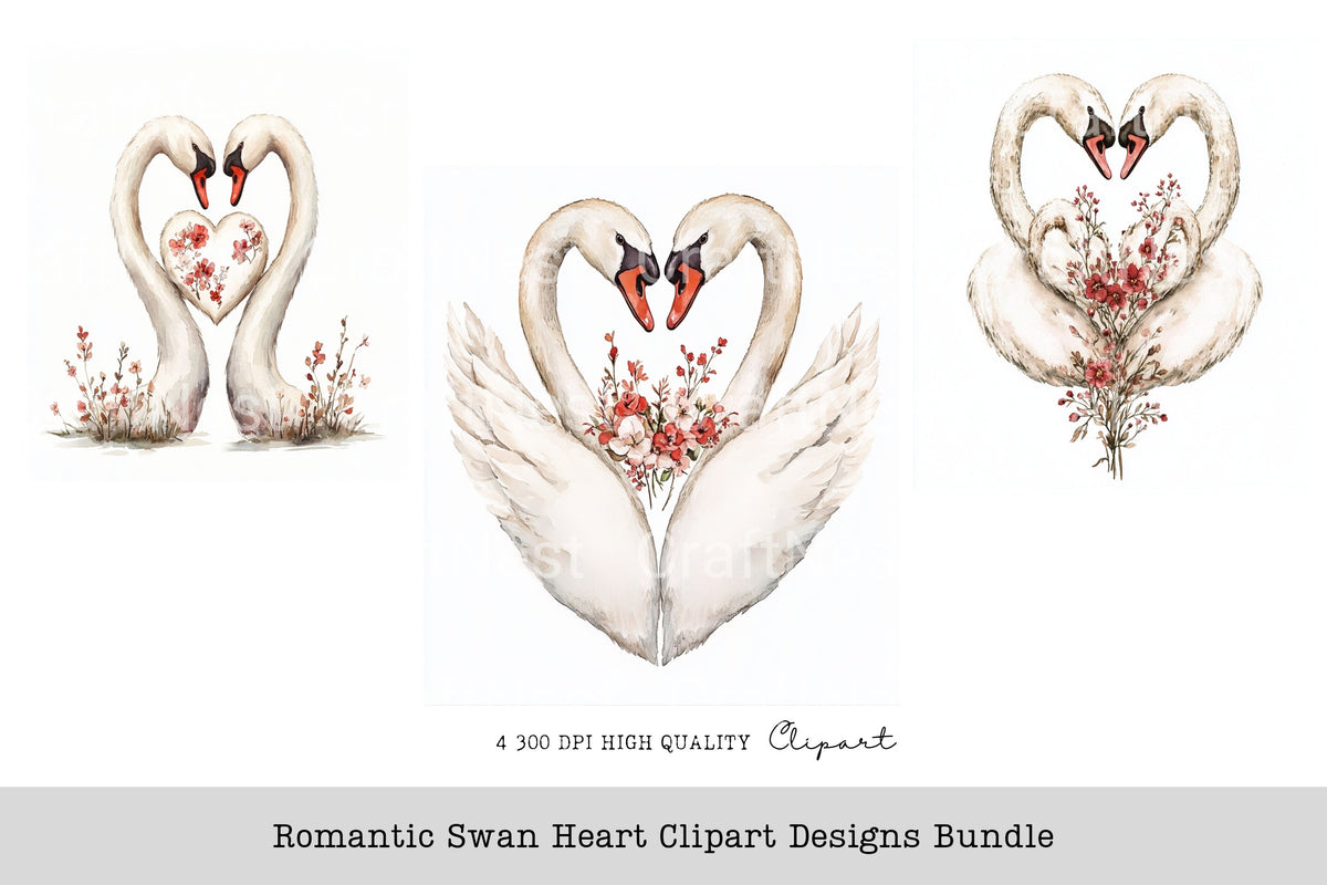 Romantic Swan Heart Designs Clipart Bundle