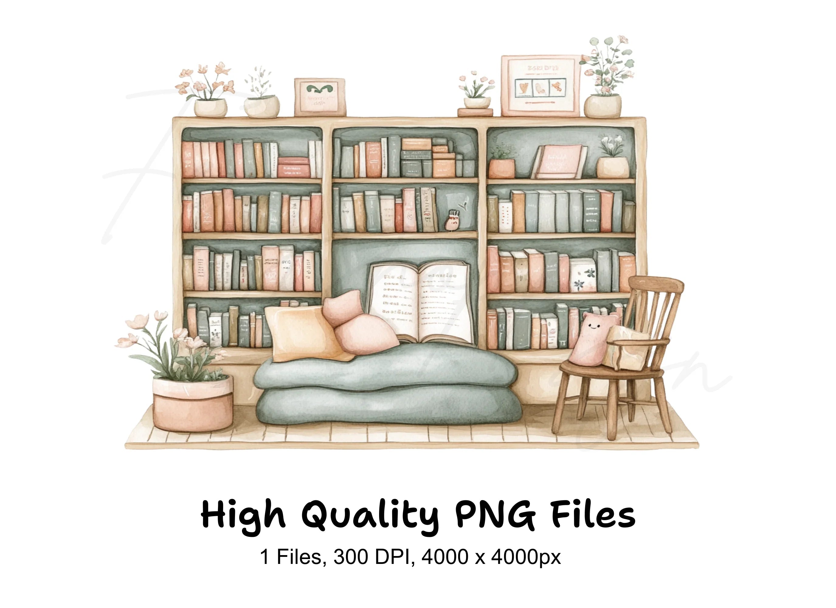 Bookshelf with Reading Cat Clipart Bundle