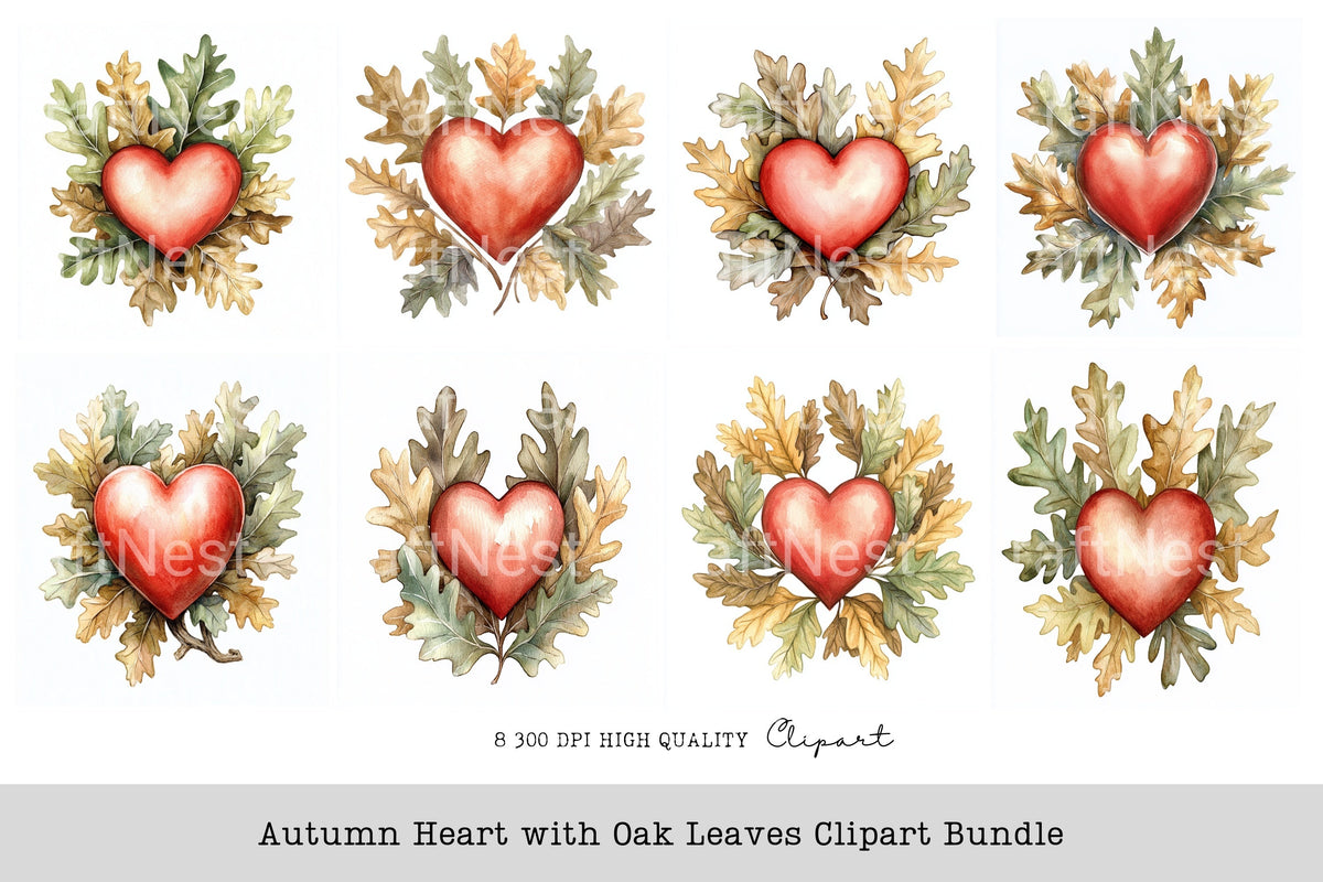Autumn Heart With Oak Leaves Clipart Bundle
