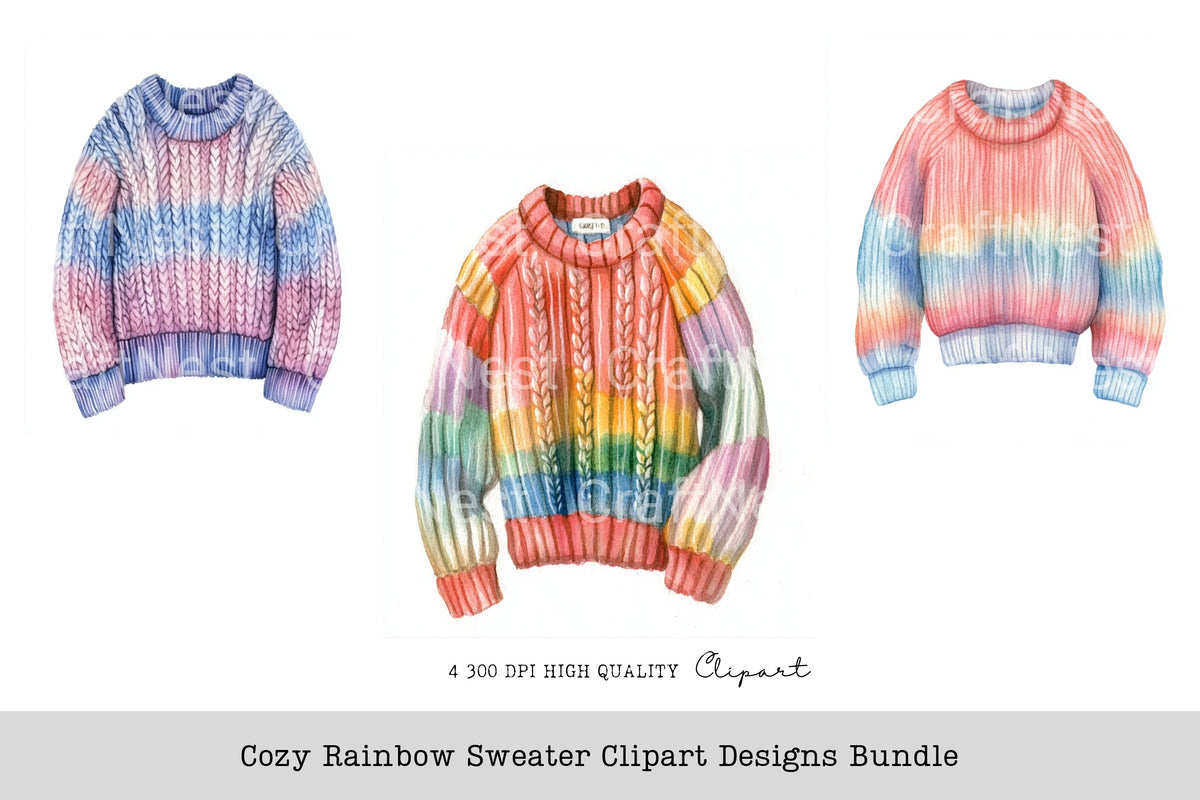 Cozy Rainbow Sweater Designs Clipart Bundle