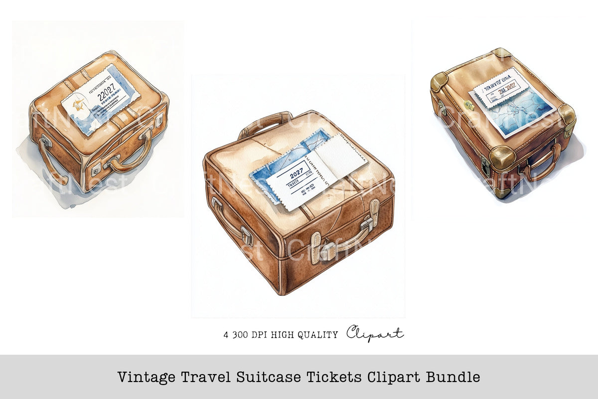 Vintage Travel Suitcase Tickets Clipart Bundle