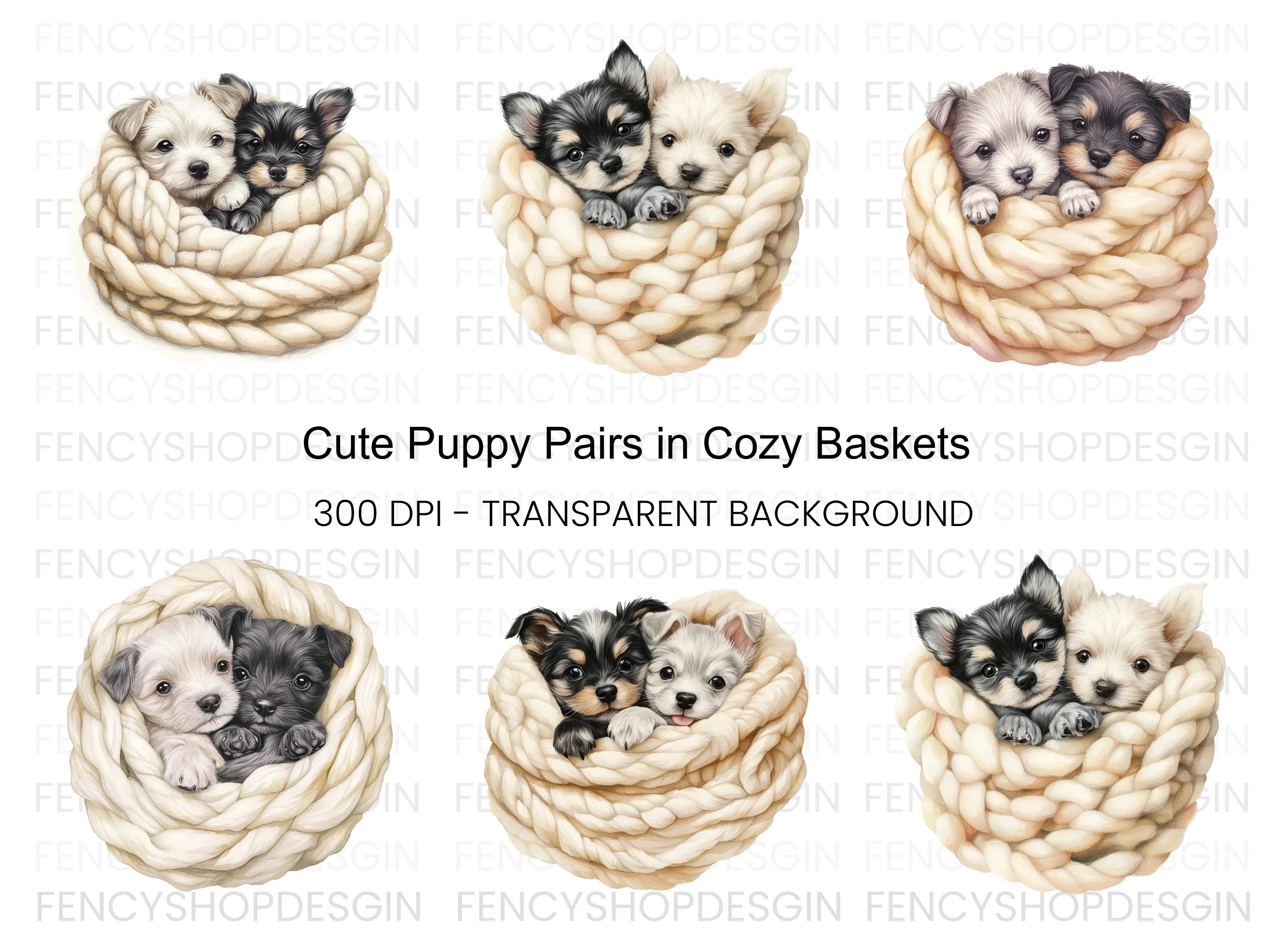 Adorable Puppy Pairs in Cozy Baskets Clipart Bundle