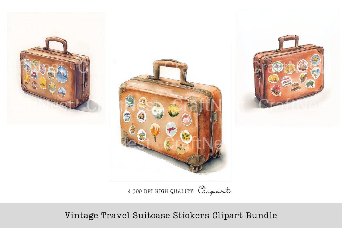 Vintage Travel Suitcase Stickers Clipart Bundle