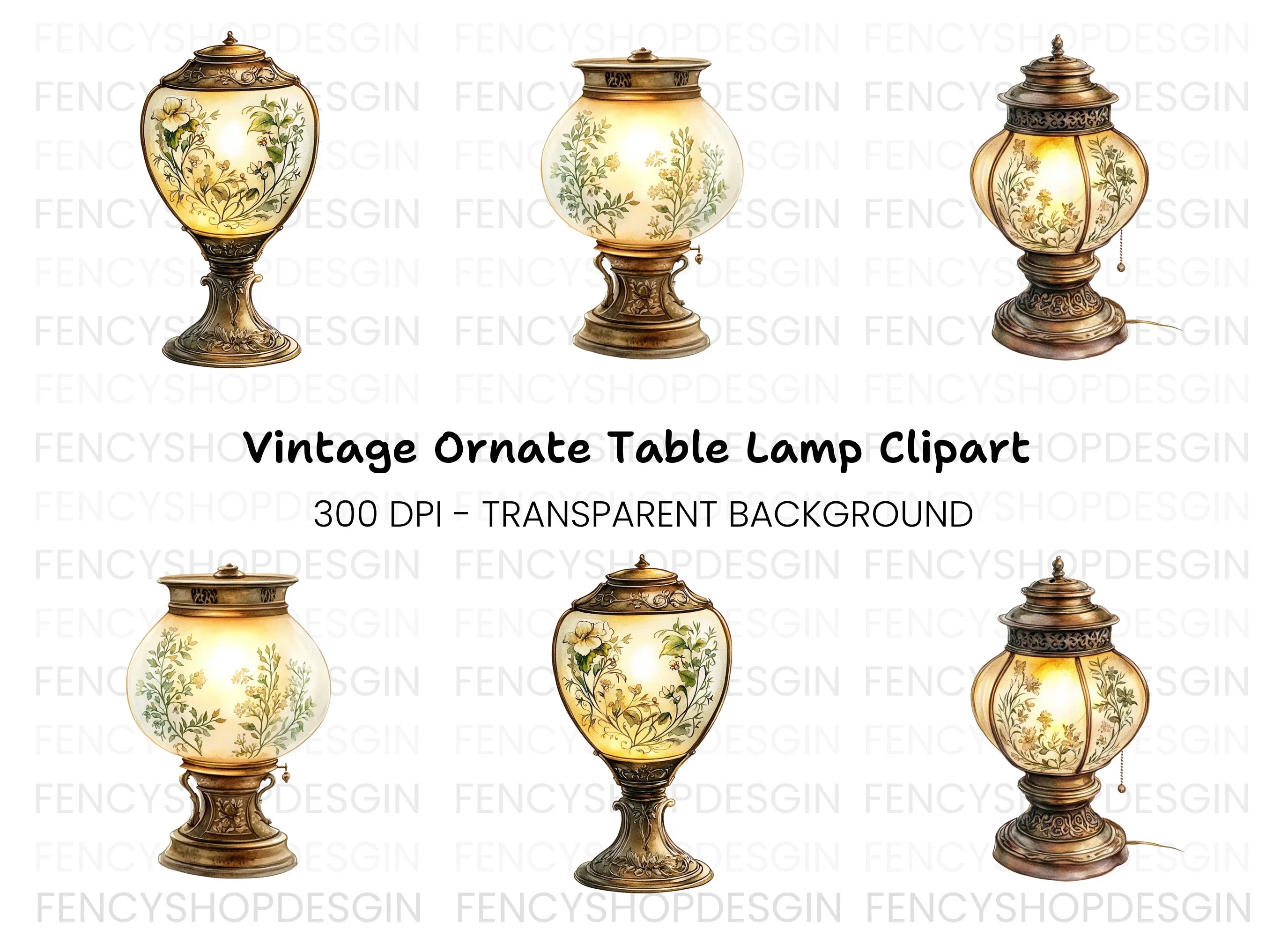 Vintage Floral Lamps Clipart Bundle