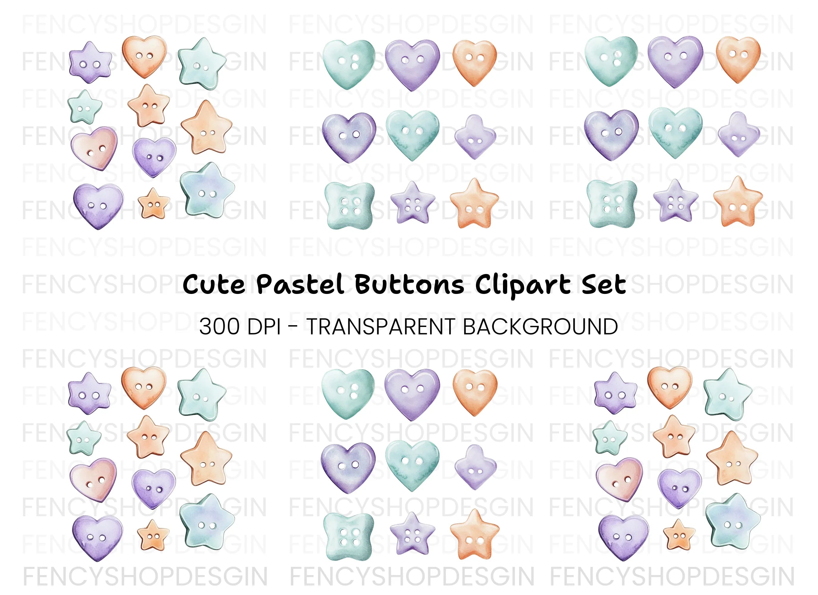 Assorted Pastel Heart and Star Buttons Clipart Bundle