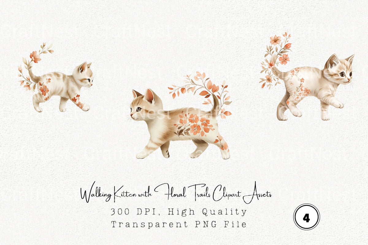 Walking Kitten With Floral Trails Clipart Bundle
