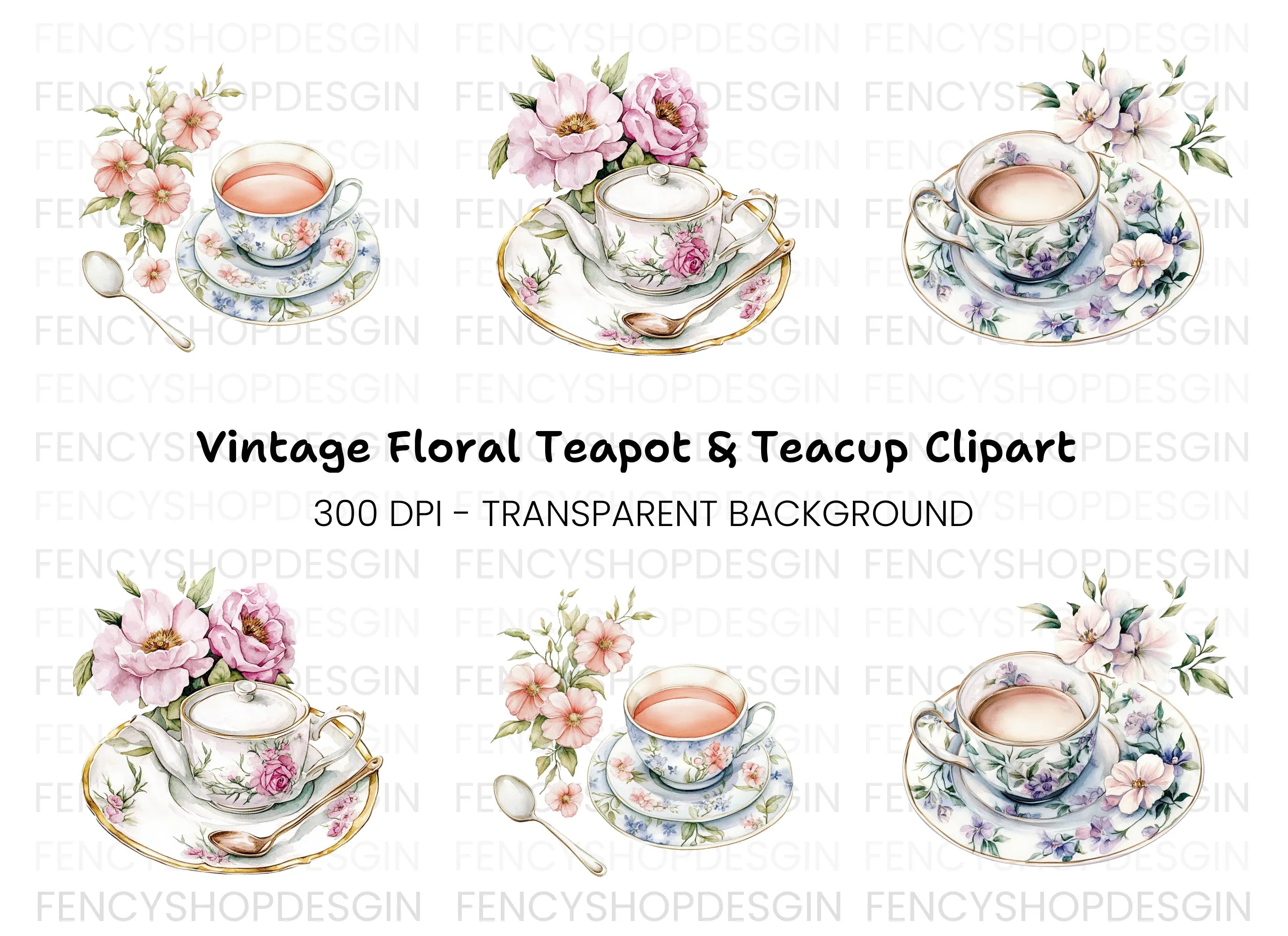 Charming Floral Teacups and Pots Clipart Bundle