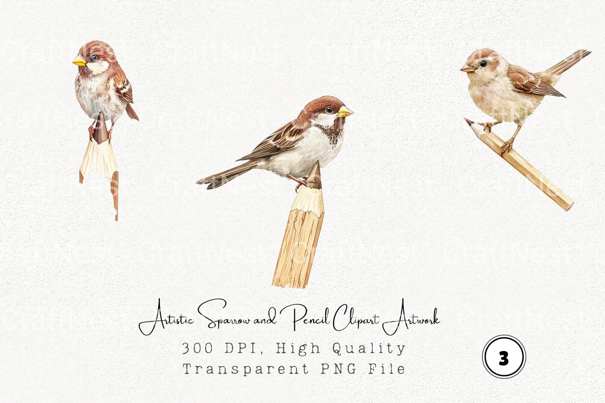Artistic Sparrow And Pencil Artwork Clipart Bundle