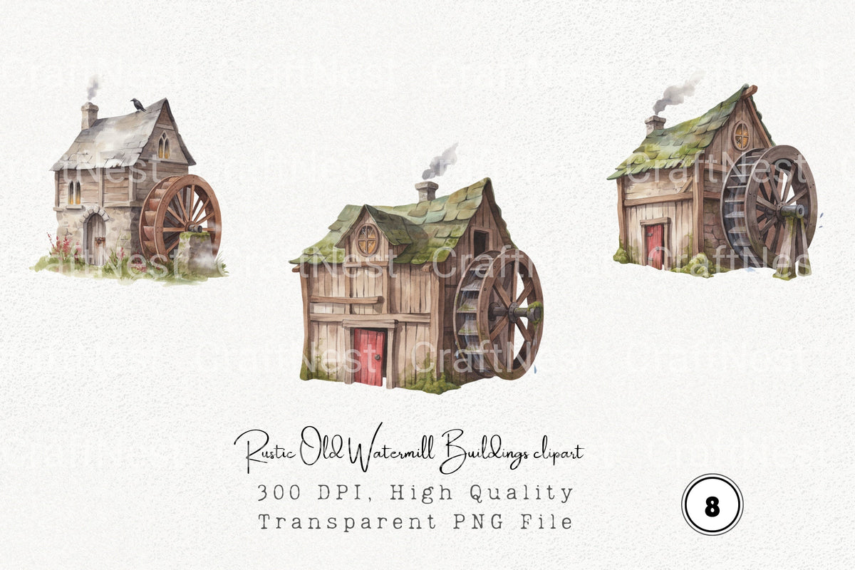 Rustic Old Watermill Buildings Clipart Bundle